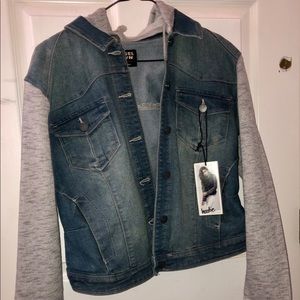Jean Jacket with gray hood and sleeves.